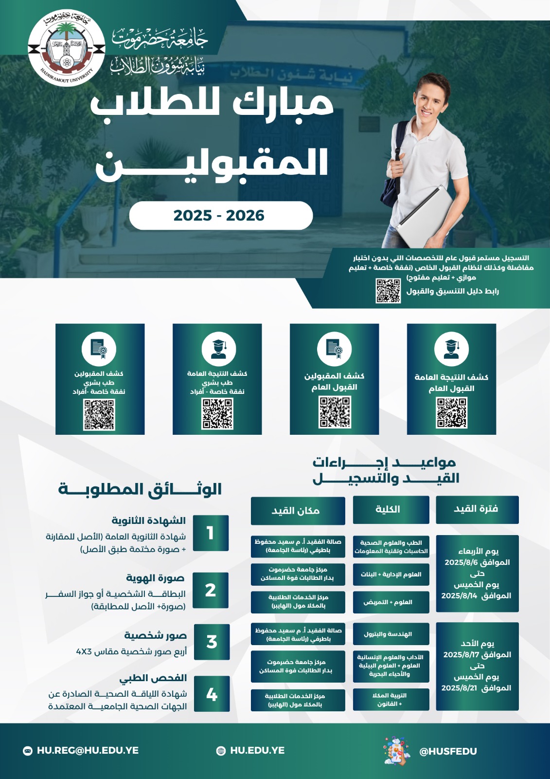 جامعة حضرموت تعلن نتائج اختبارات المفاضلة للمتقدمين للعام الجامعي 2026/2025م ومواعيد إجراءات القيد والتسجيل للطلاب المقبولين 1 WhatsApp Image 2025 08 05 at 2.50.01 PM