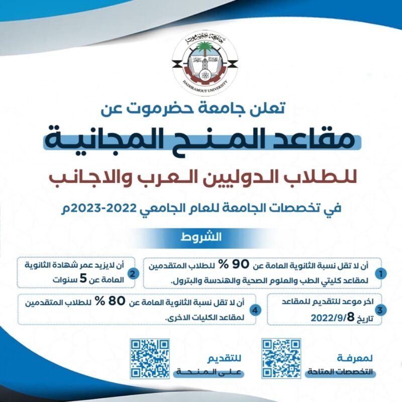 مقاعد المنح المجانية للطلاب الدوليين العرب والاجانب