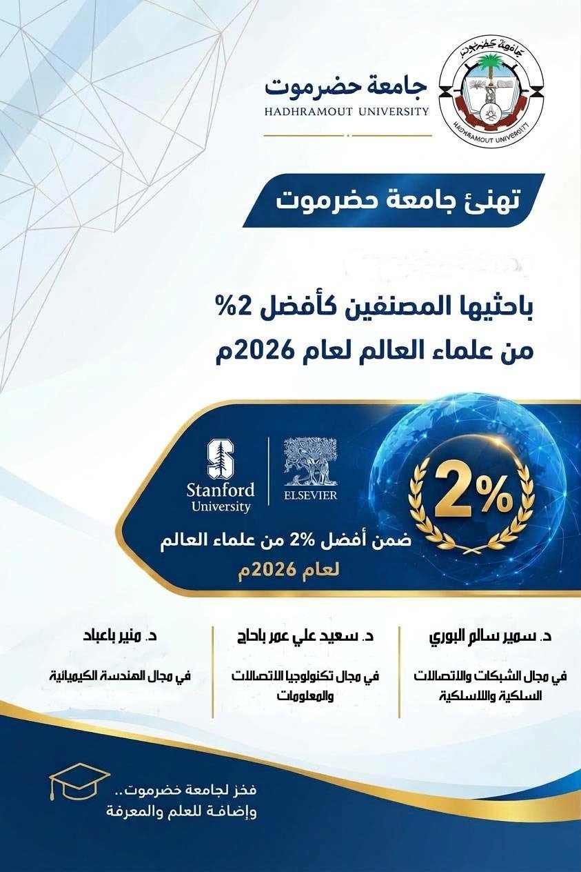 Three researchers from Hadhramout University rank among the top 2 of scientists worldwide